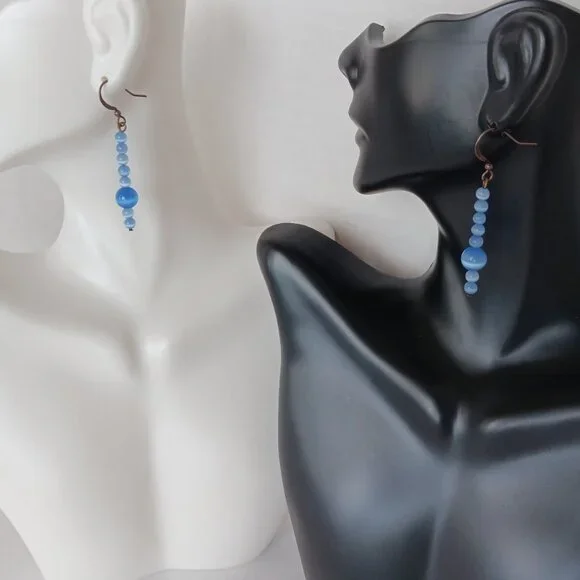 Hand Crafted Periwinkle Blue Dangle Earrings With Banded Agate Round Beads NWT - Picture 15 of 16